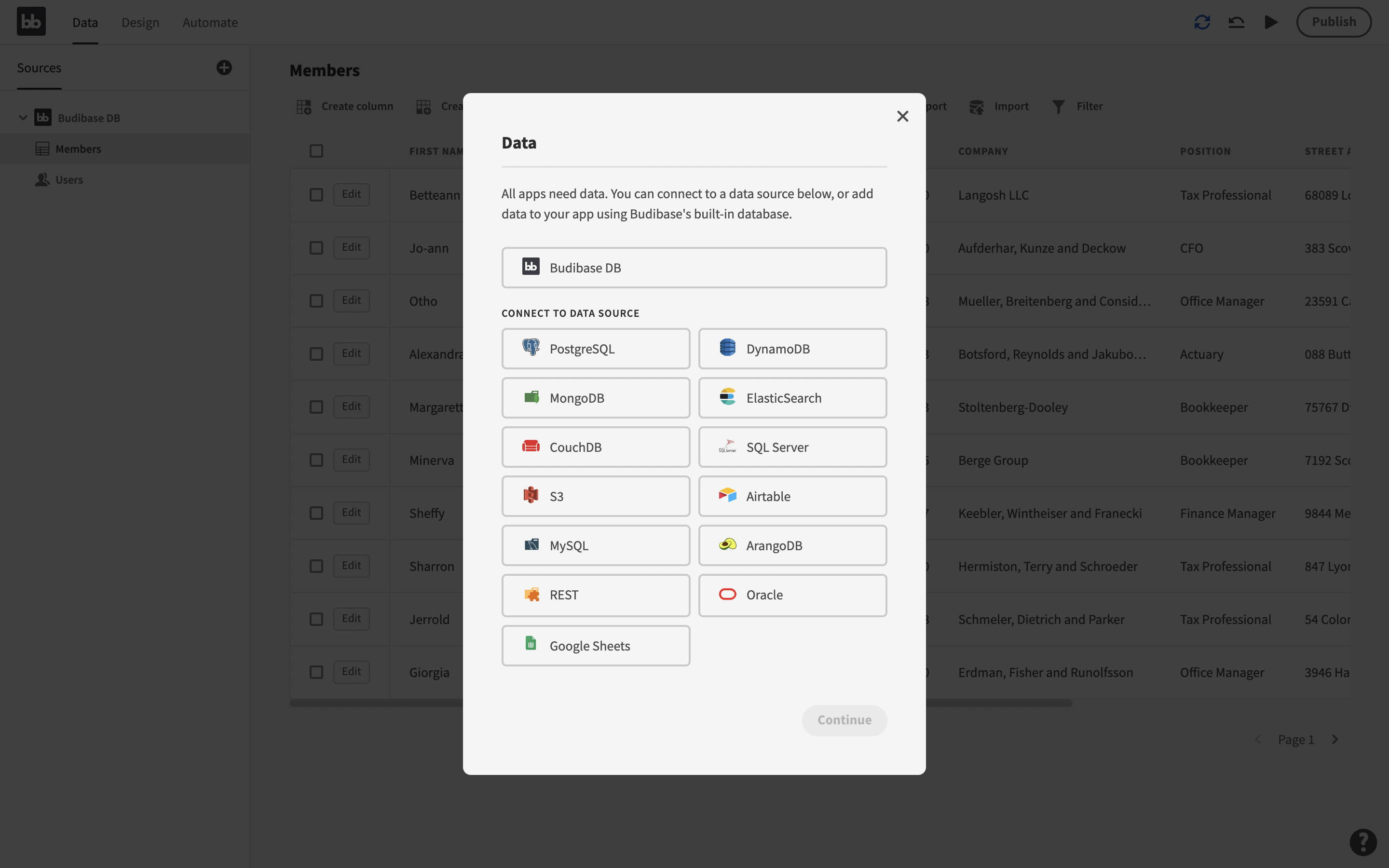 Choose and external data source screenshot Select external data sources screenshot