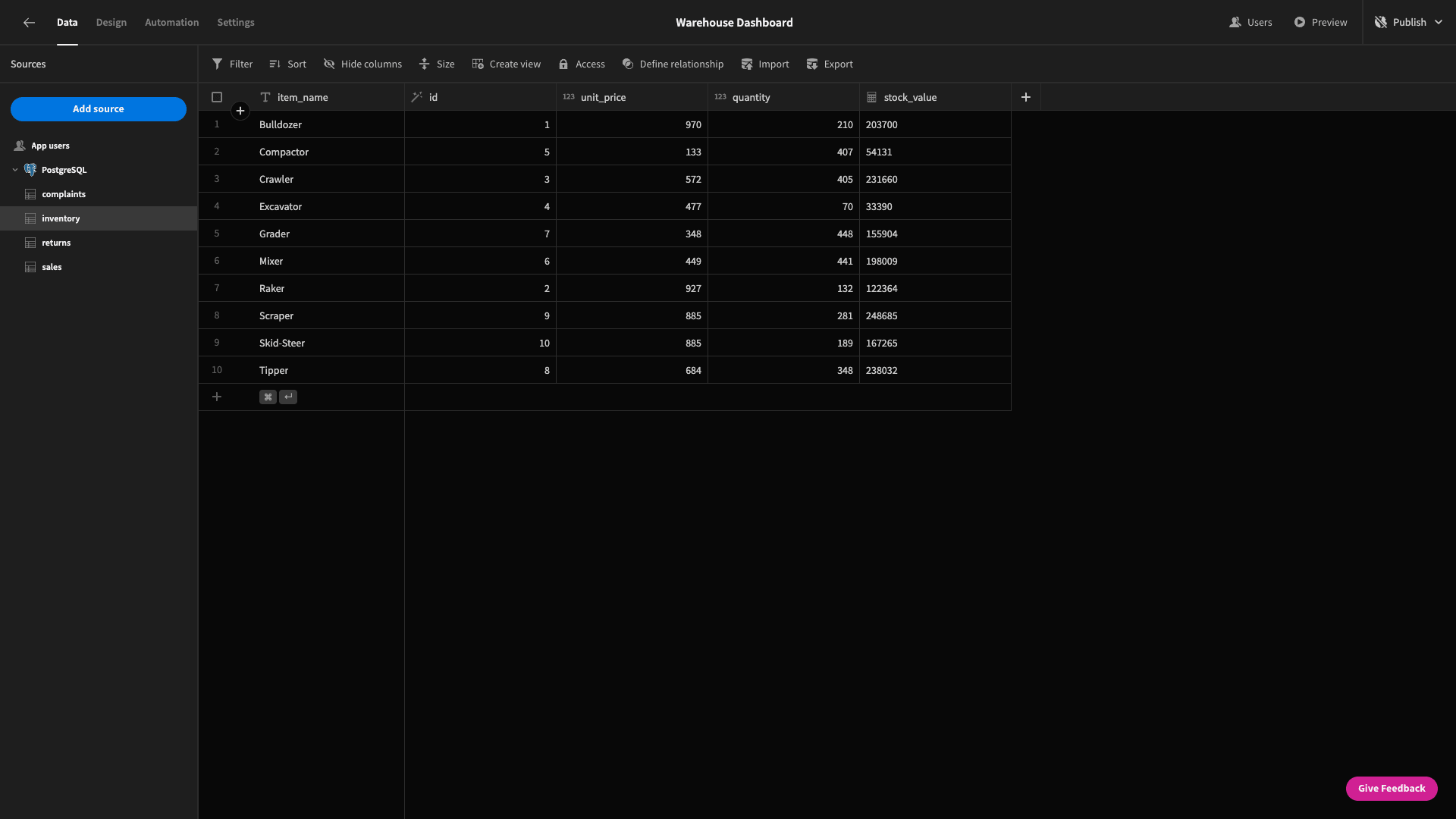 Warehouse Dashboard