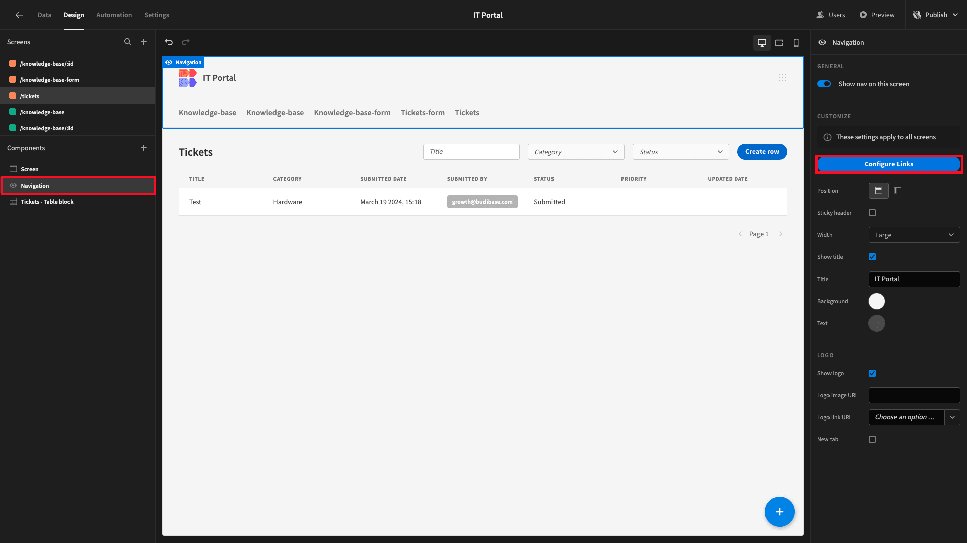 Configure links Configure links